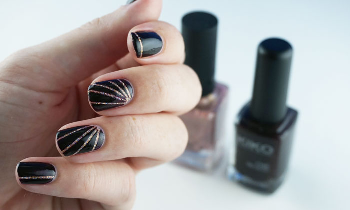 The final nail art with striping tape. In the background showing ILNP that other girl and Kiko 227