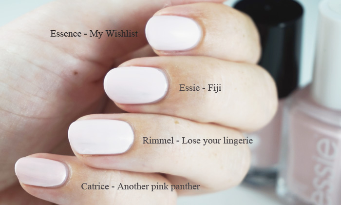 Comparison of Essence - My wishlist, Essie - Fiji, Rimmel Lose your lingerie and Catrice another Pink panther
