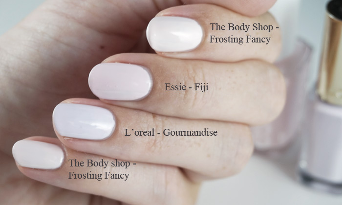 Comparison of The body shop frosting fancy, L'oreal gourmandise and Essie Fiji