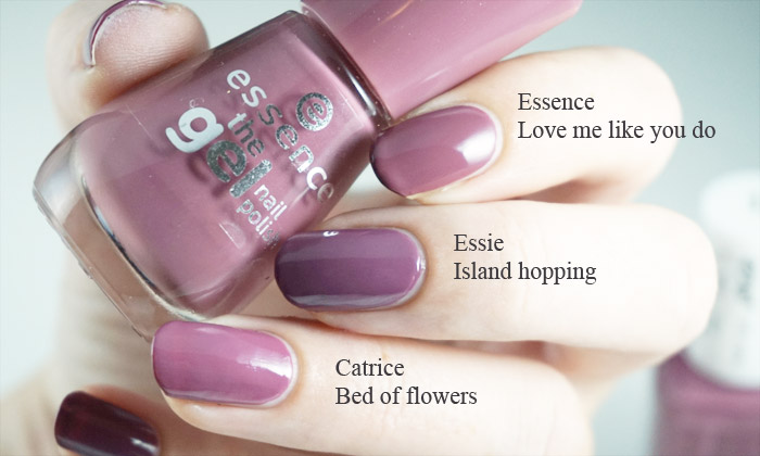 Comparison swatches of Essie island hopping with Essence love me like you do and Catrice bed of flowers