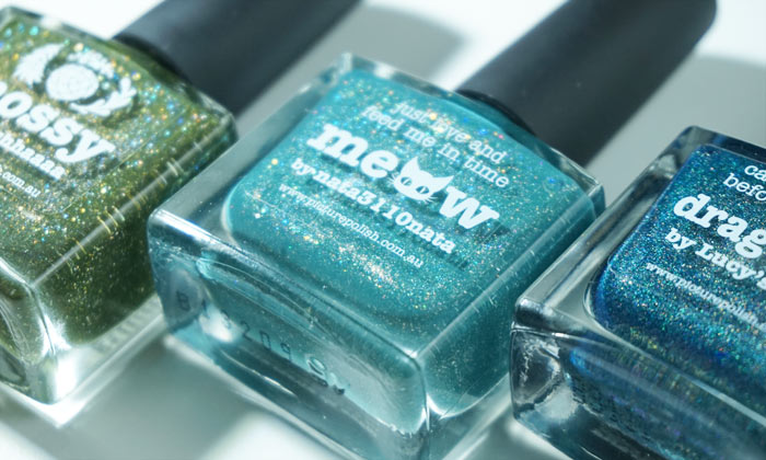 the bottle of picture polish mossy, picture polish meow and picture polish dragonfly aligned