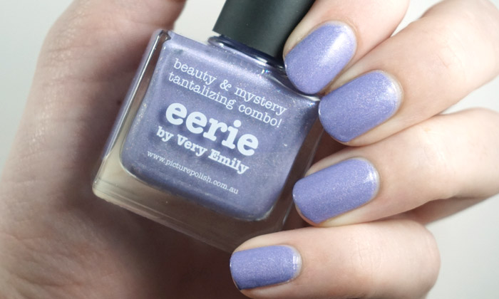 swatch of picture polish eerie, a lilac nail polish with a holographic finish