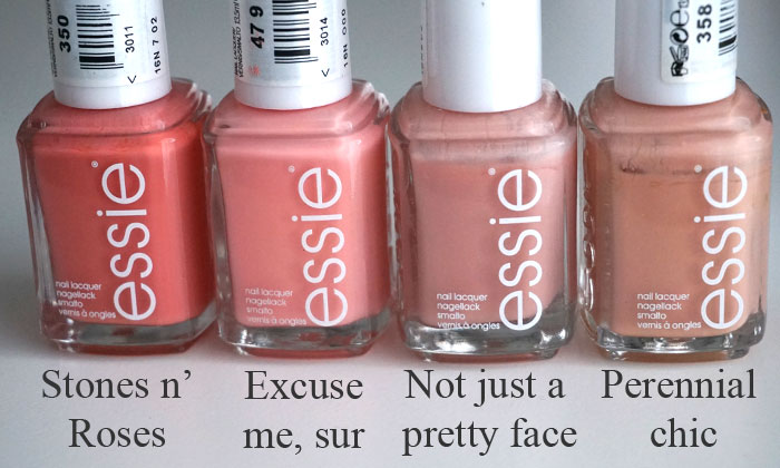 Comparison of essie stones n' roses, excuse me sur, not just a pretty face and perennial chic