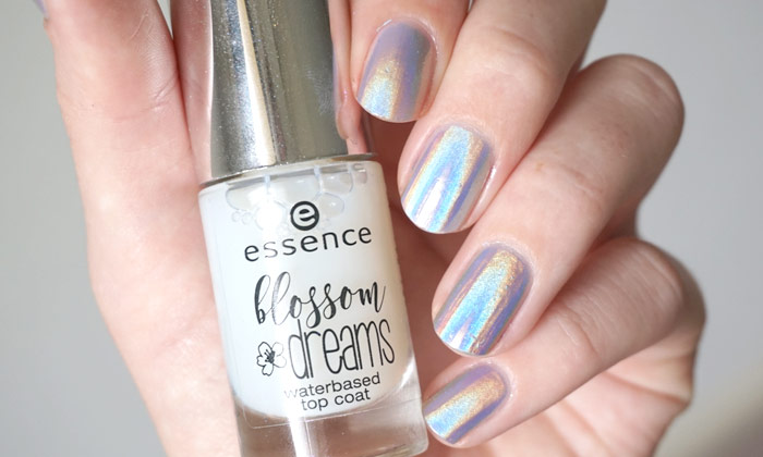 Essence blossom dreams waterbased top coat combined with Dance legend Mirage holographic powder