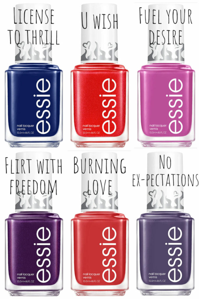 Displaying the six new colors of Essie's Valentine's day 2023 collection